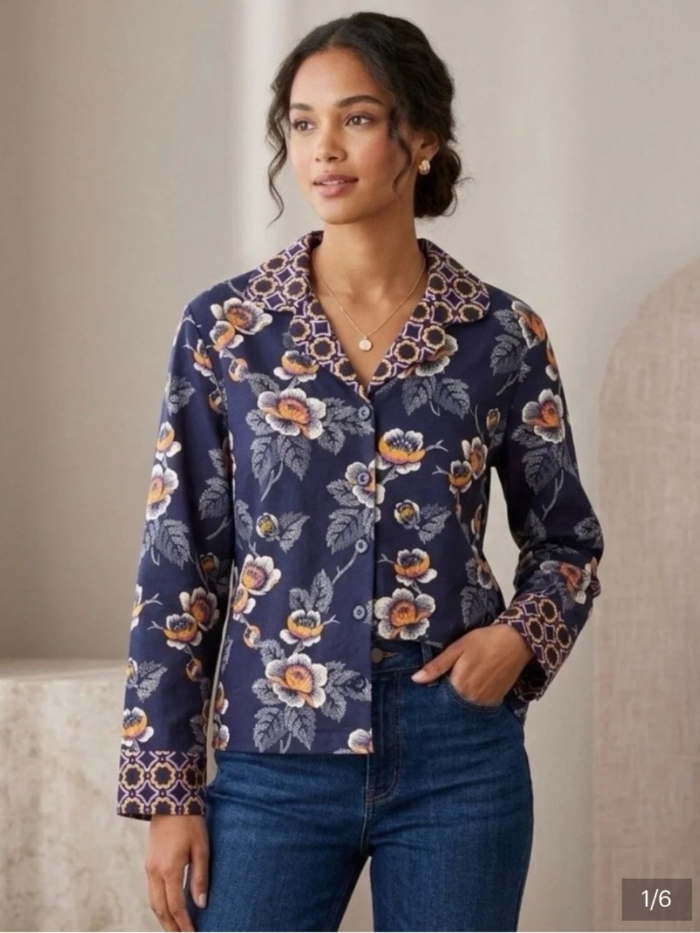 Vera Bradley Navy Floral Button-Down Top with Yellow Accents